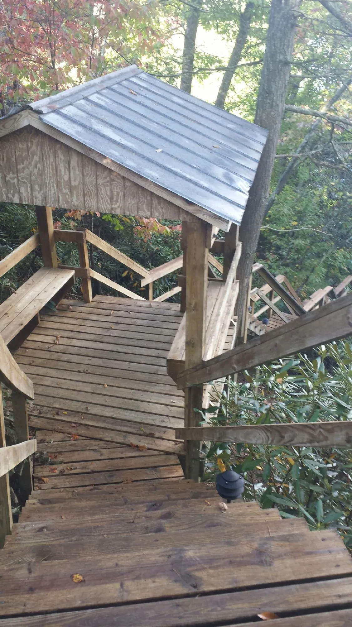 Metal roofed shelter over wooden steps on a wooded walkway — Skylight Repair & Installation work by our crew in Absaraka